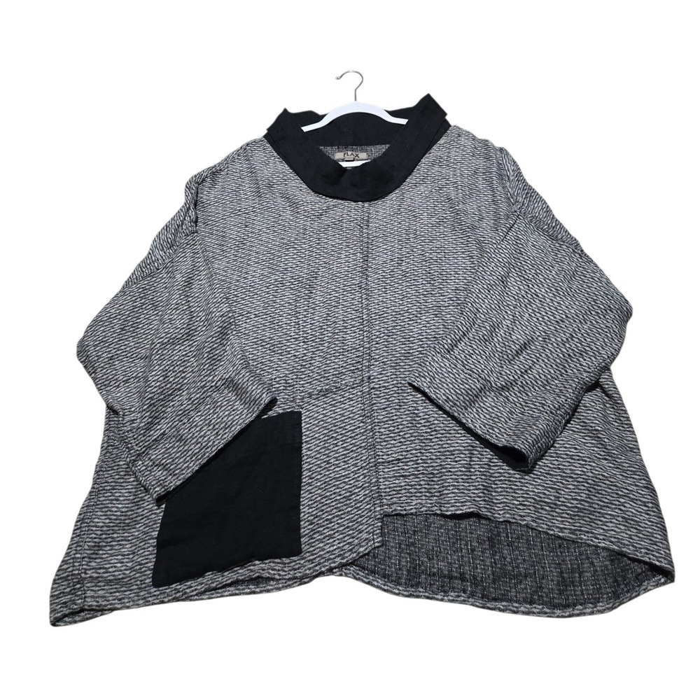 FLAX Women Large Black White Textured 100% Linen Funnel Neck Oversized Top